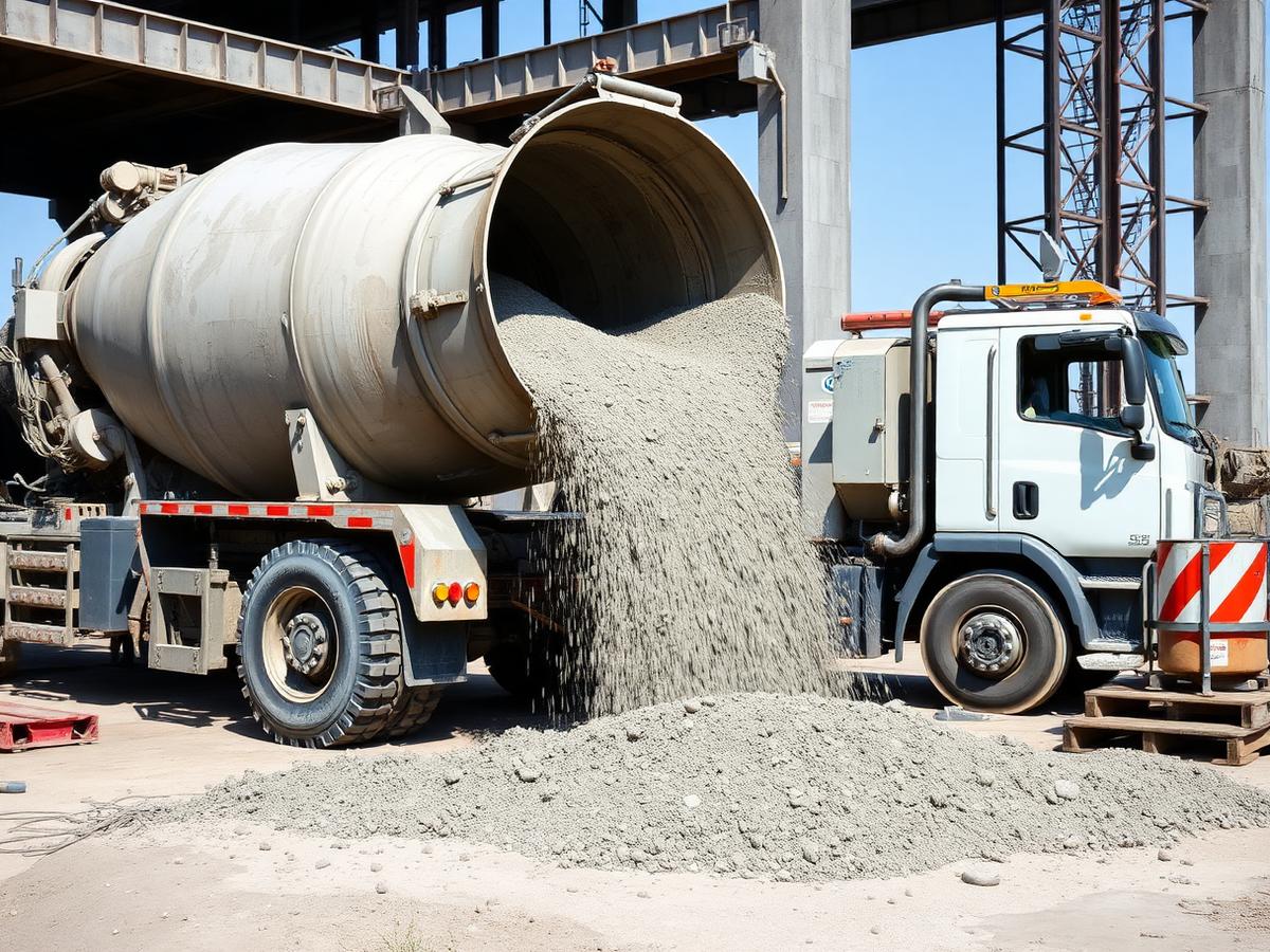 Caminhão betoneira descarregando concreto